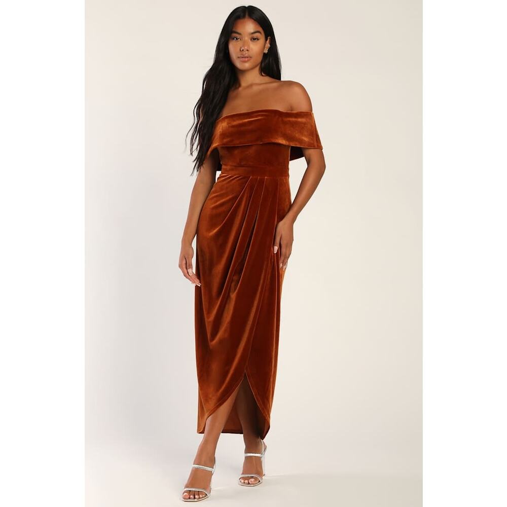 Off-Shoulder Velvet Midi Dress in Burnt Orange